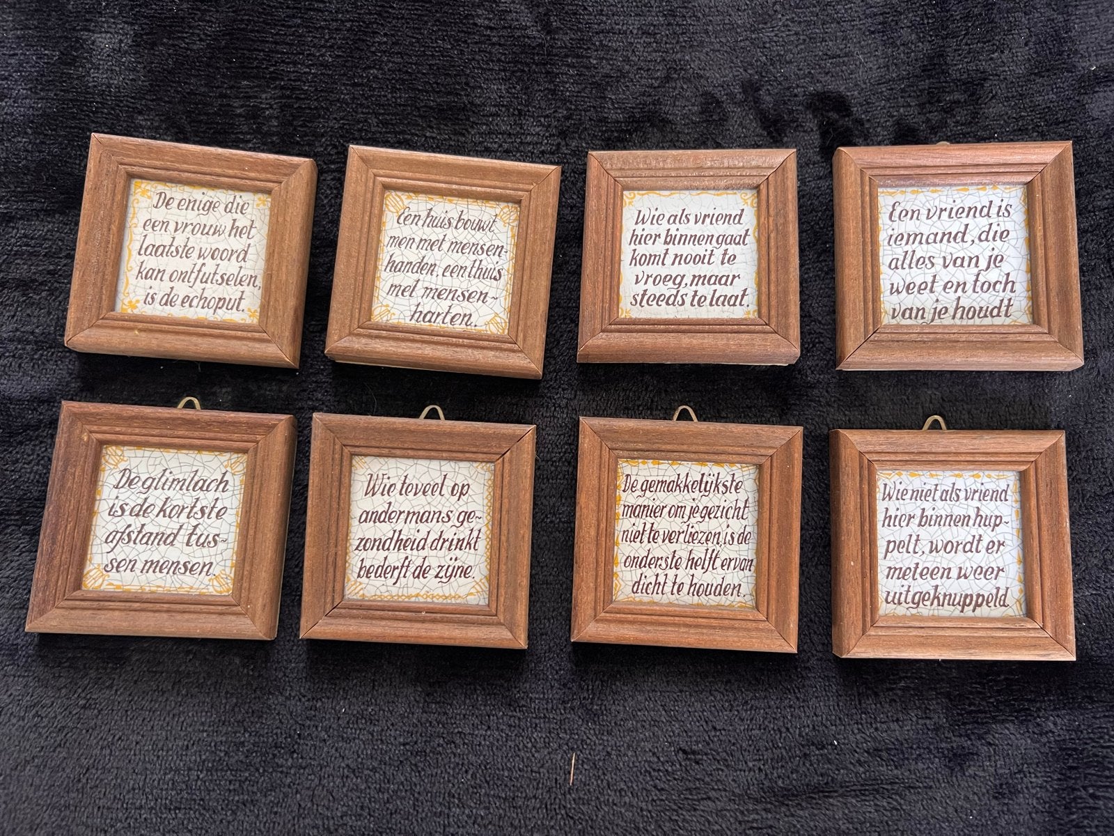 Set van 8 mini houten vintage lijstjes met diverse spreuken, Ophalen of Verzenden, Zo goed als nieuw