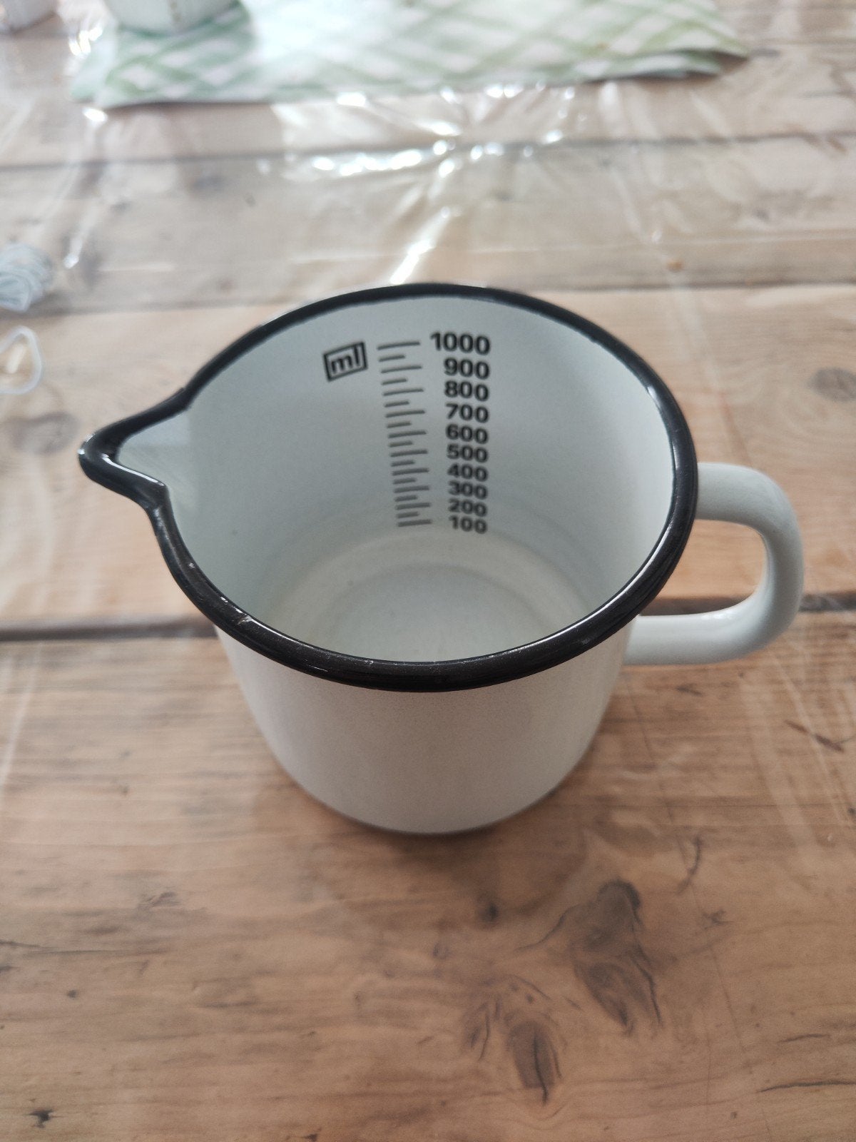 Vintage geëmailleerde maatbeker 1 liter wit/zwart, Ophalen of Verzenden