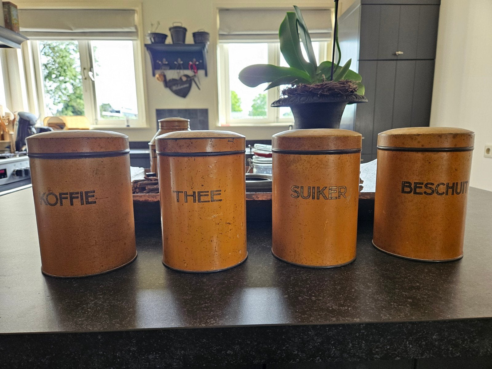 Vintage voorraadblikken set (koffie, thee, suiker, beschuit), Antiek en Kunst, Ophalen of Verzenden