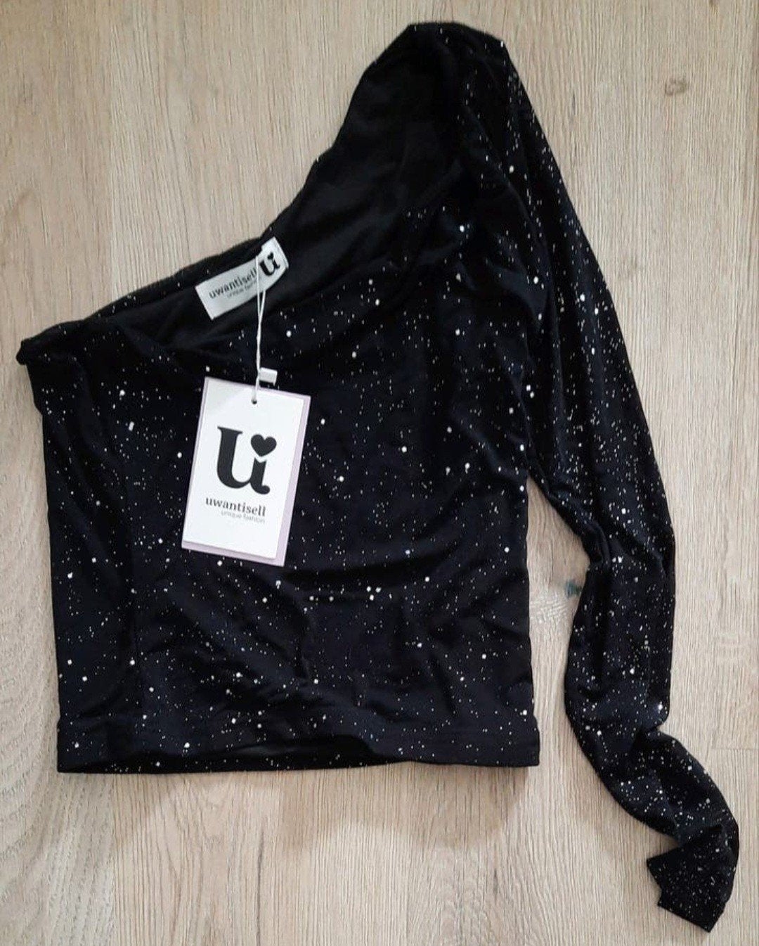 Nieuwe Zwarte one-shoulder top met glitters mast S, Maat 38/40 (M), Uwantisell, Zwart, Nieuw