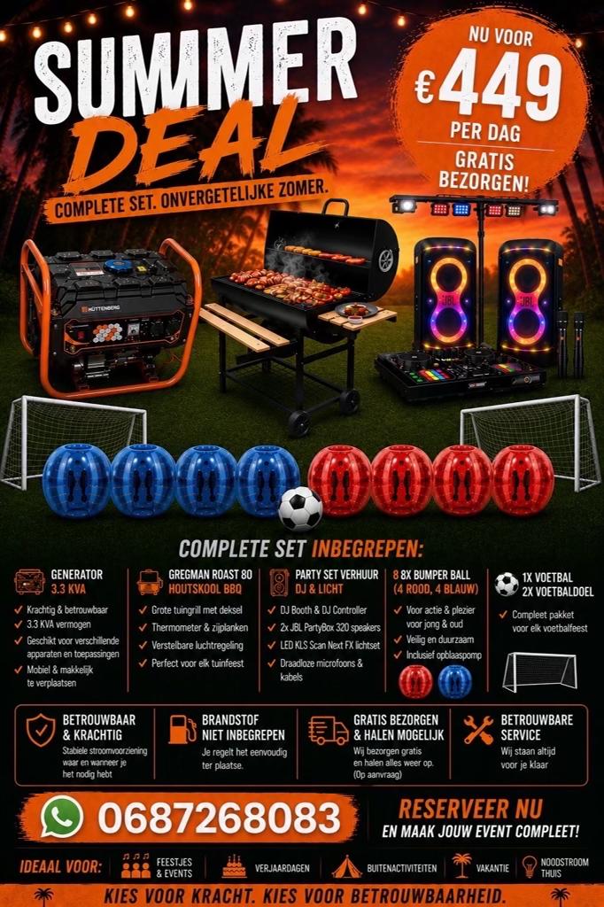 Zomer Deal: Compleet Feestpakket met Generator, BBQ, DJ Set, Ophalen of Verzenden, Gebruikt, Verjaardag