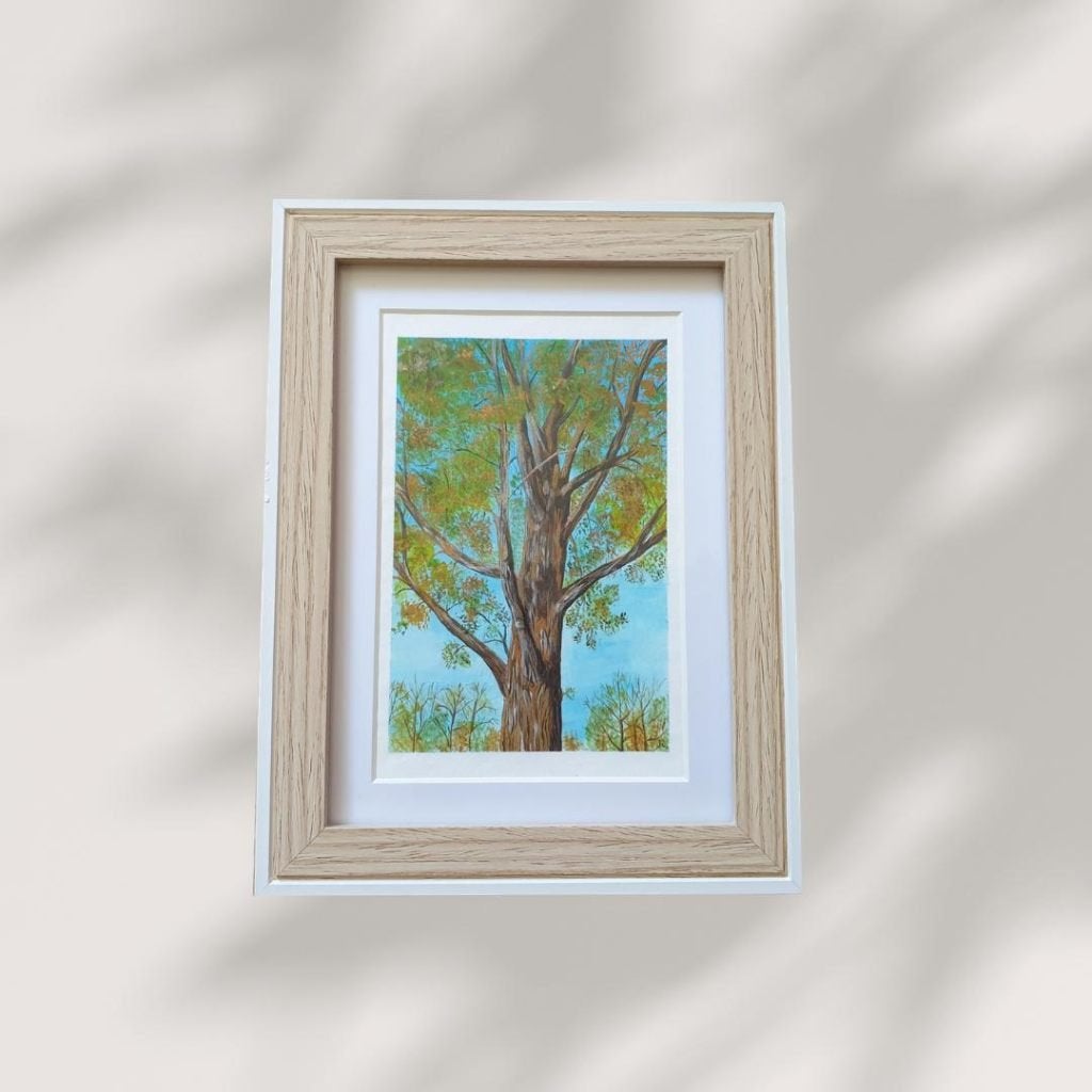 Mini schilderij met bomen acryl op papier in lijst 18x13 cm, Ophalen, Minder dan 50 cm, Oorspronkelijke maker, Nieuw