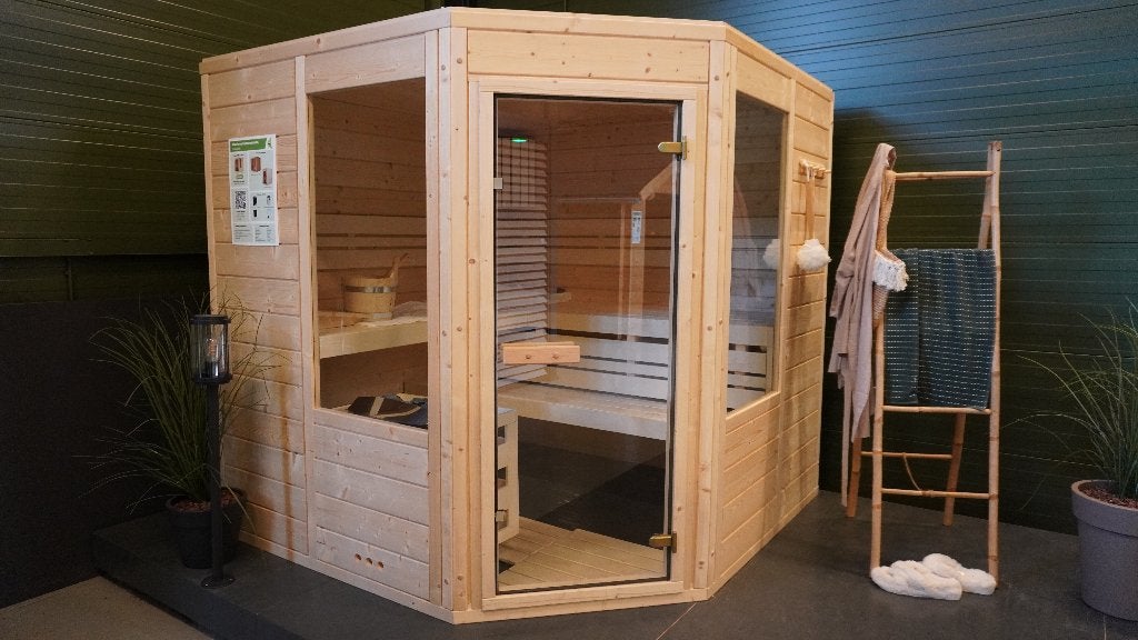 Azalp Massieve Hoeksauna Eva Optic 200x200 cm, Ophalen, Zo goed als nieuw, Fins of Traditioneel, Complete sauna