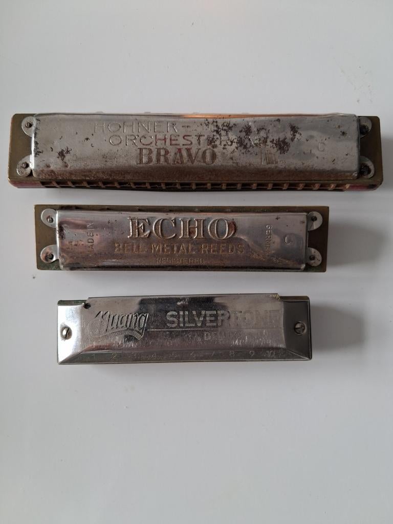 Drie Vintage Mondharmonica's: Hohner, Bell Metal, Huang, Muziek en Instrumenten, Ophalen of Verzenden, Gebruikt
