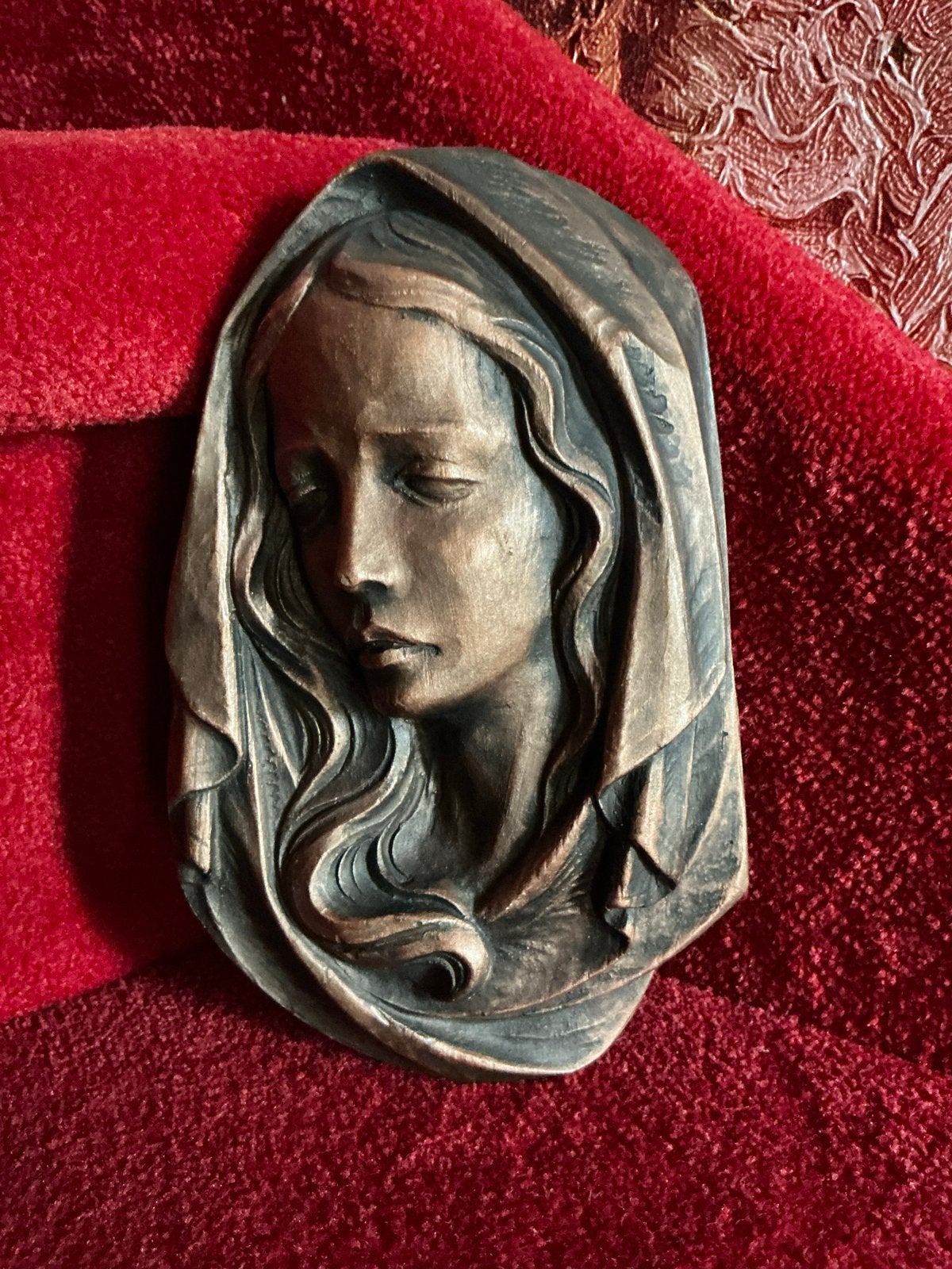 Antiek Frans Mariabeeld ❤️ gebronsd muurbeeld, Ophalen of Verzenden