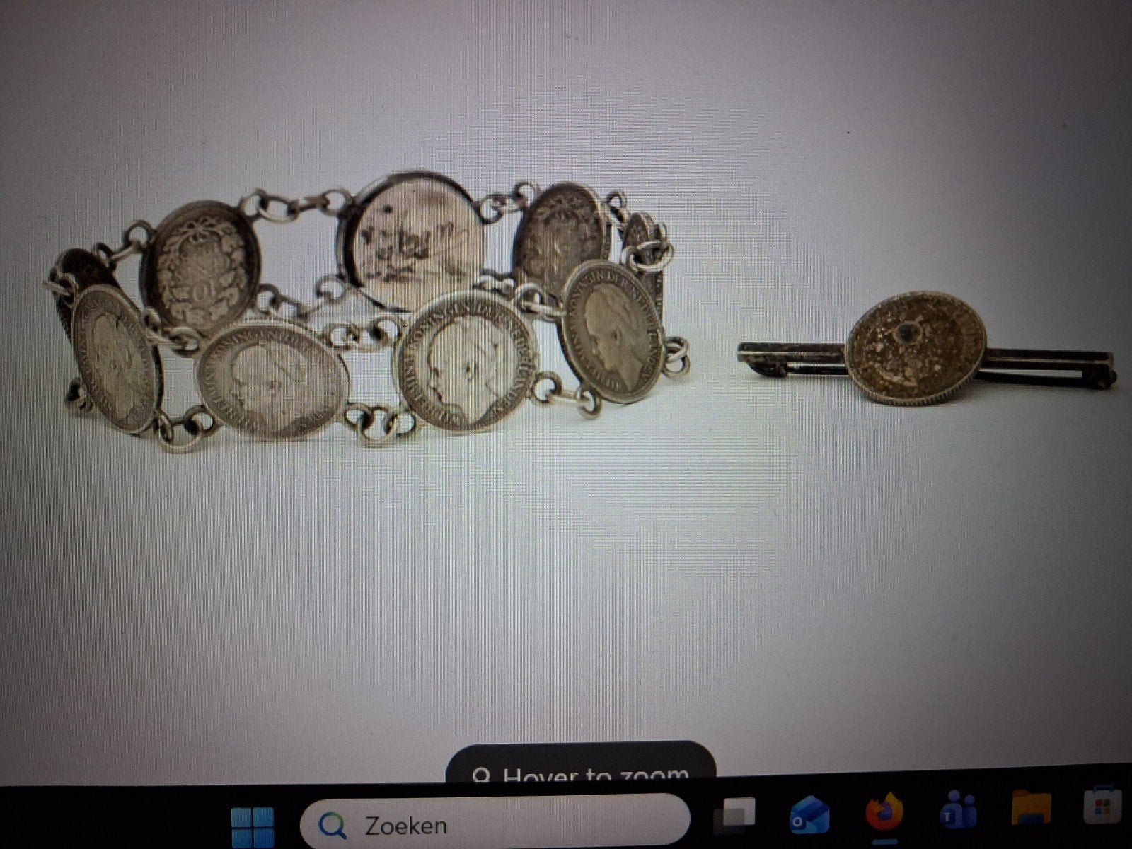 armband met 9 zilvere dubbeltjes van Wilhelmus erop, Ophalen of Verzenden, Zilver, Zilver