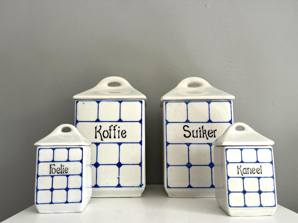 Antieke opbergpotten Koffie Suiker Foelie en Kaneel, Ophalen