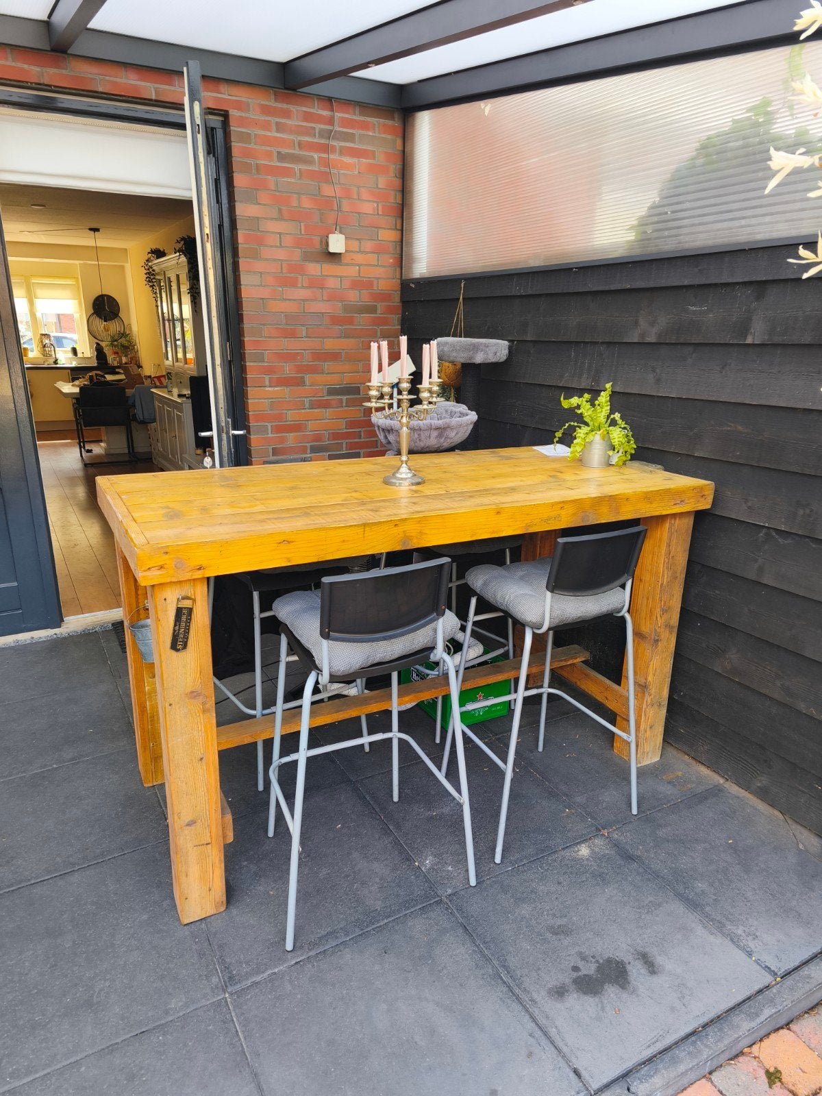 Bartafel met 4 barkrukken - robuust hout, Ophalen, Gebruikt, 90 cm of meer, 4 krukken