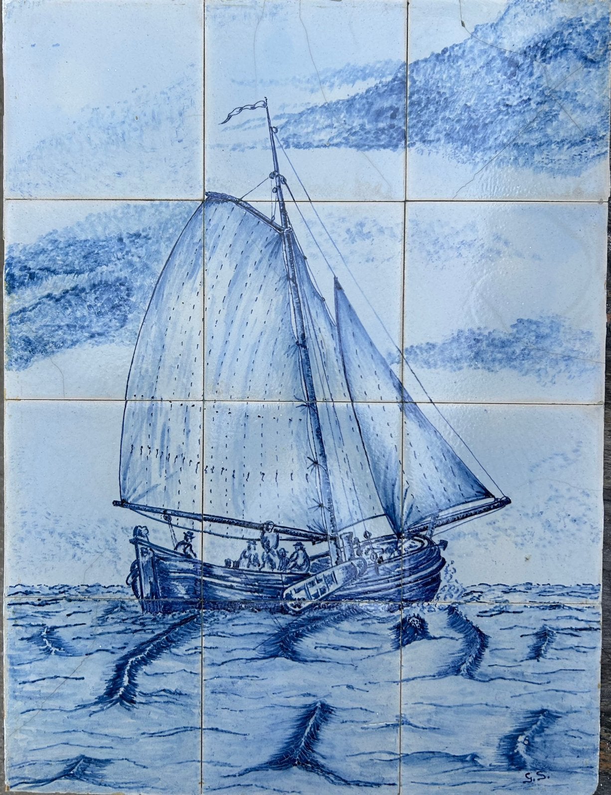 Oud tableaux met 12 delfts bl tegeltjes ca13x13 cm /st, Ophalen of Verzenden