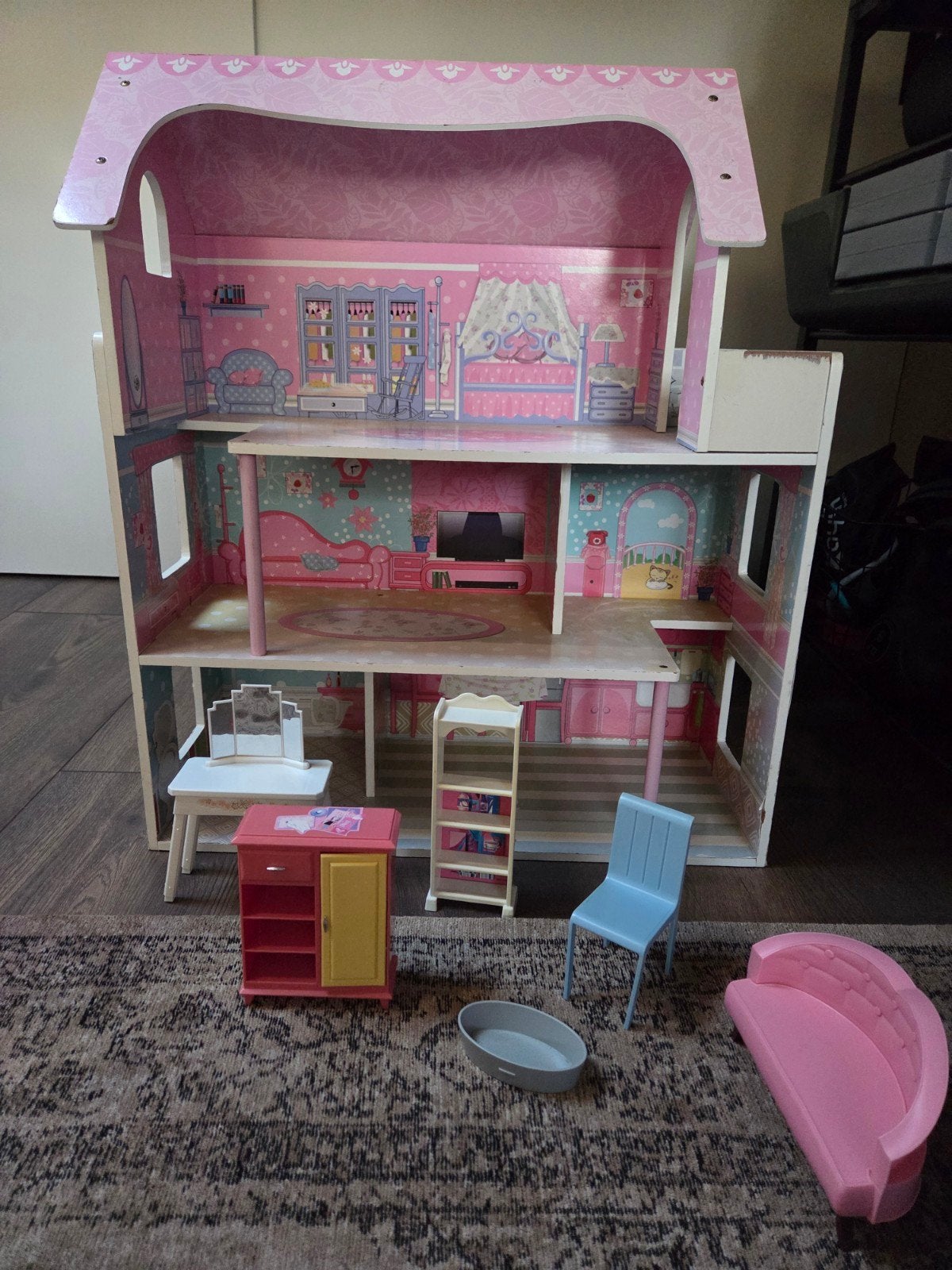 Houten poppenhuis 60x70x24 cm inclusief meubels, Kinderen en Baby's, Speelgoed | Poppenhuizen, Ophalen, Gebruikt, Poppenhuis
