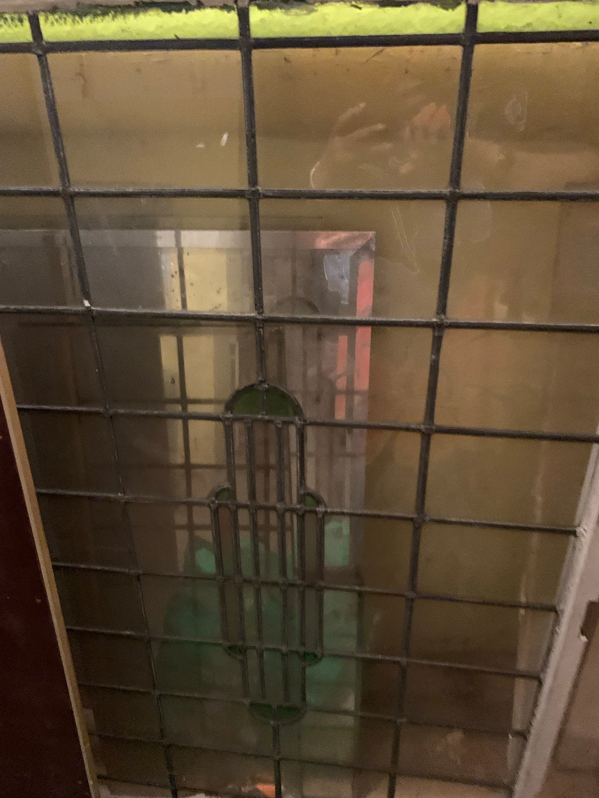 Antiek glas in lood raam met groen accent, Doe-het-zelf en Verbouw, Ophalen, Gevelraam of Ruit, Gebruikt, Glas in lood