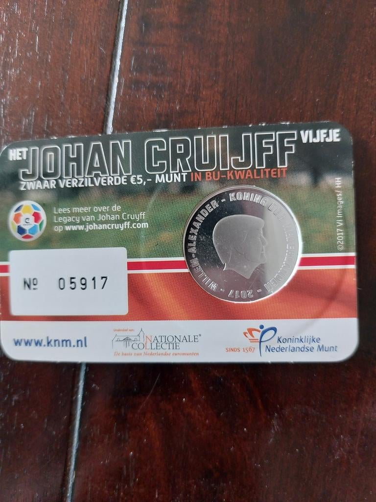 Johan Cruijff Vijfje -- Munt BU-kwalit, Postzegels en Munten, Munten | Nederland, Ophalen of Verzenden, Koningin Beatrix, Euro's