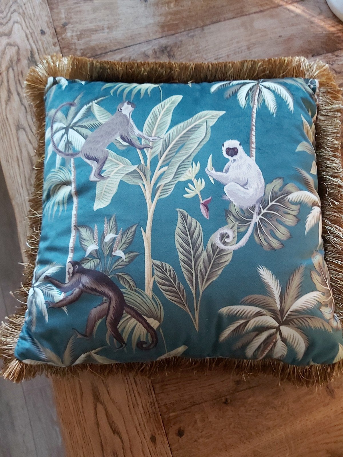 Decoratief Kussen met Apenprint en Franjes, Ophalen of Verzenden, Zo goed als nieuw, Groen, Vierkant