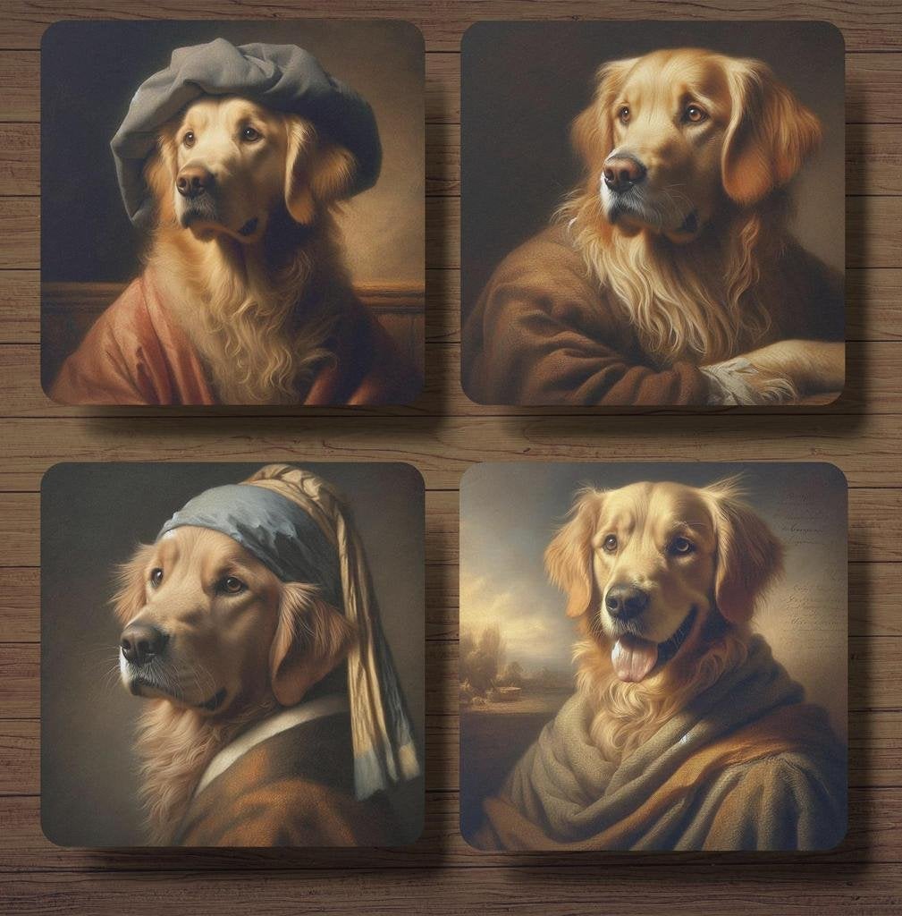Golden Retriever Rembrandt stijl onderzetters met houder, Ophalen of Verzenden, Nieuw