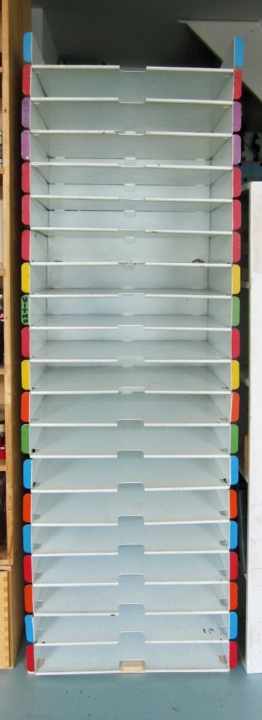 22 vintage witte metalen archiefbakjes voor A4, stapelbaar, Vintage, Gebruikt, Ophalen of Verzenden, Metaal