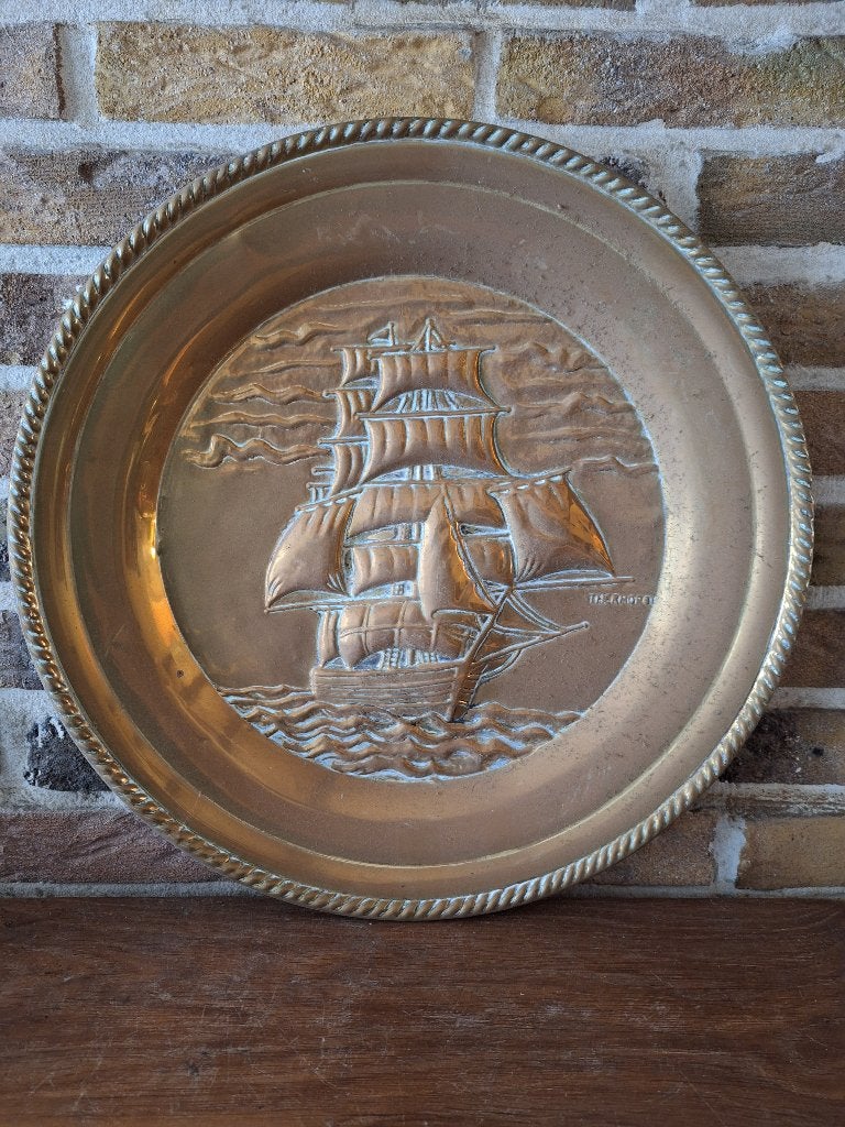 vintage messing wandbord klipper Thermopylae zeilschip 44 cm, Ophalen of Verzenden