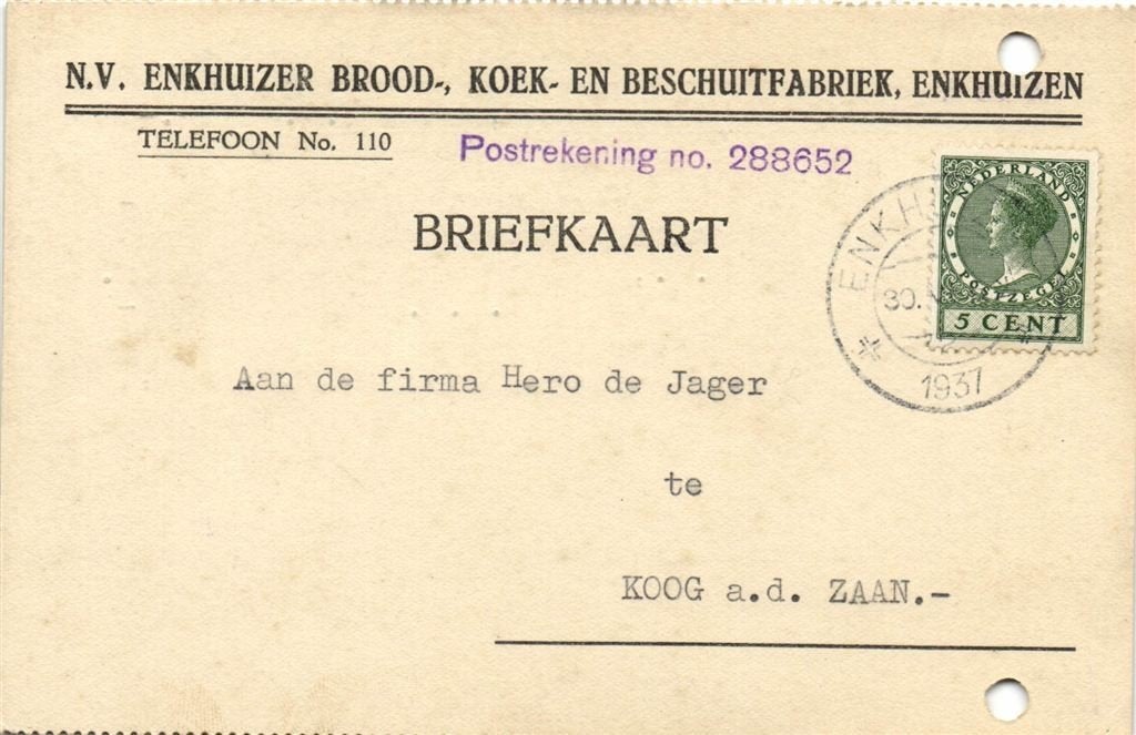 NV Enkhuizer Brood- Koek- en Beschuitfabriek, Enkhuizen - 06, Postzegels en Munten, Ophalen of Verzenden, Briefkaart