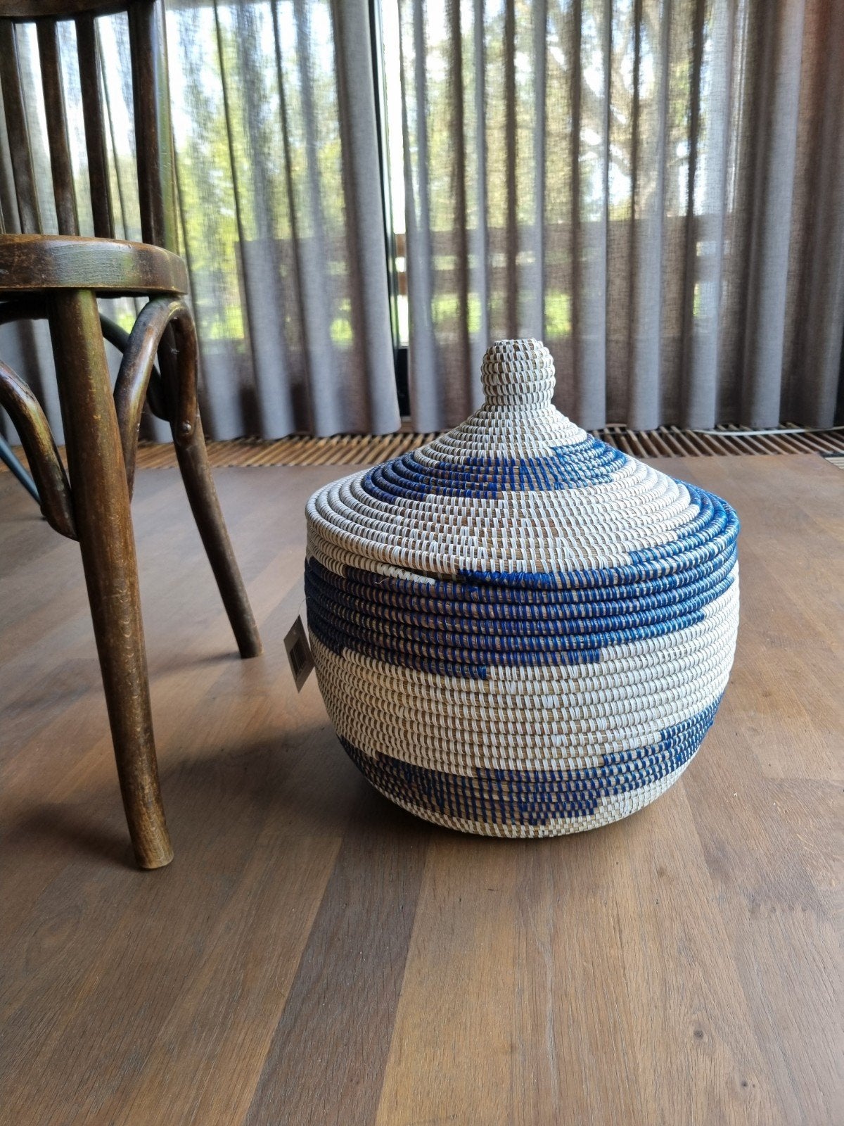 blauw witte afrikaanse opbergmand tajine zeegras, Overige materialen, Gevlochten, Mand, Rond