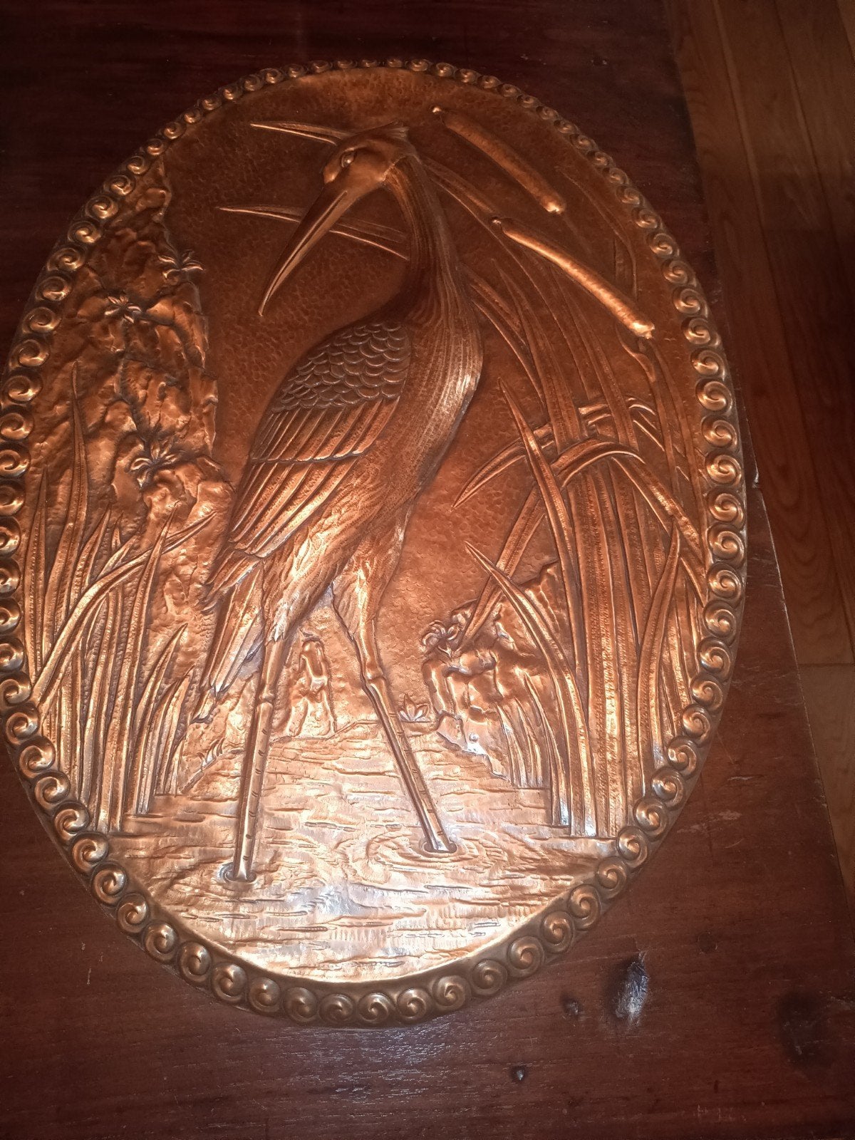 Ovale koperen Art deco wanddecoratie met reiger - 75x53 cm, Antiek en Kunst, Antiek | Koper en Brons, Ophalen of Verzenden, Koper