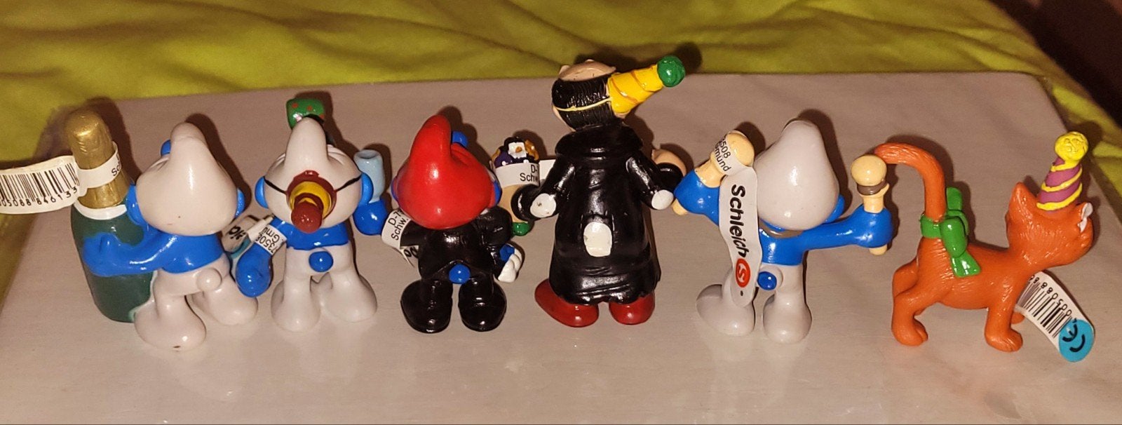 Set van zes imitatie Jubileum smurfen met nep-labels 2008, Verzenden, Nieuw, Verschillende Smurfen, Poppetje, Figuurtje of Knuffel