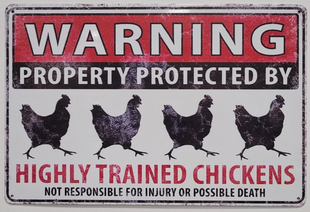 Warning protected by chickens kippen metalen reclamebord, Info@deconoord.nl, Deco Noord, Nieuw, Ophalen of Verzenden