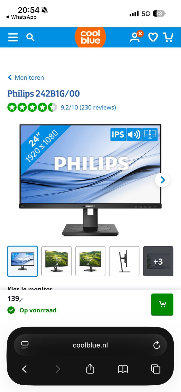 Philips 242B1G/00 Monitor - 24 inch Full HD IPS, Ophalen, In hoogte verstelbaar, Full HD, Zo goed als nieuw