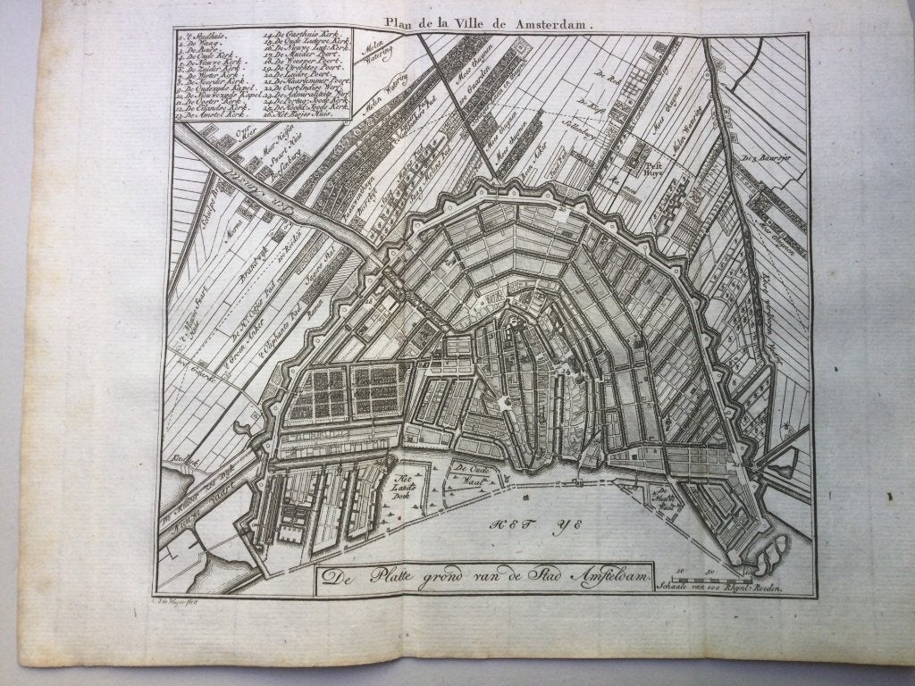 Amsterdam, gedetailleerde kopergravure, 1740., Antiek en Kunst, Kunst | Etsen en Gravures, 26 cm, Cartografie, Met tekst, 20 cm