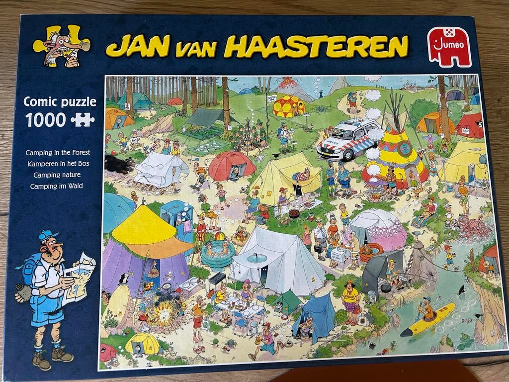 Haasteren 1000 stukjes ruilen of kopen - Kamperen in het bos, Hobby en Vrije tijd, Denksport en Puzzels, Gebruikt, Legpuzzel, 500 t/m 1500 stukjes