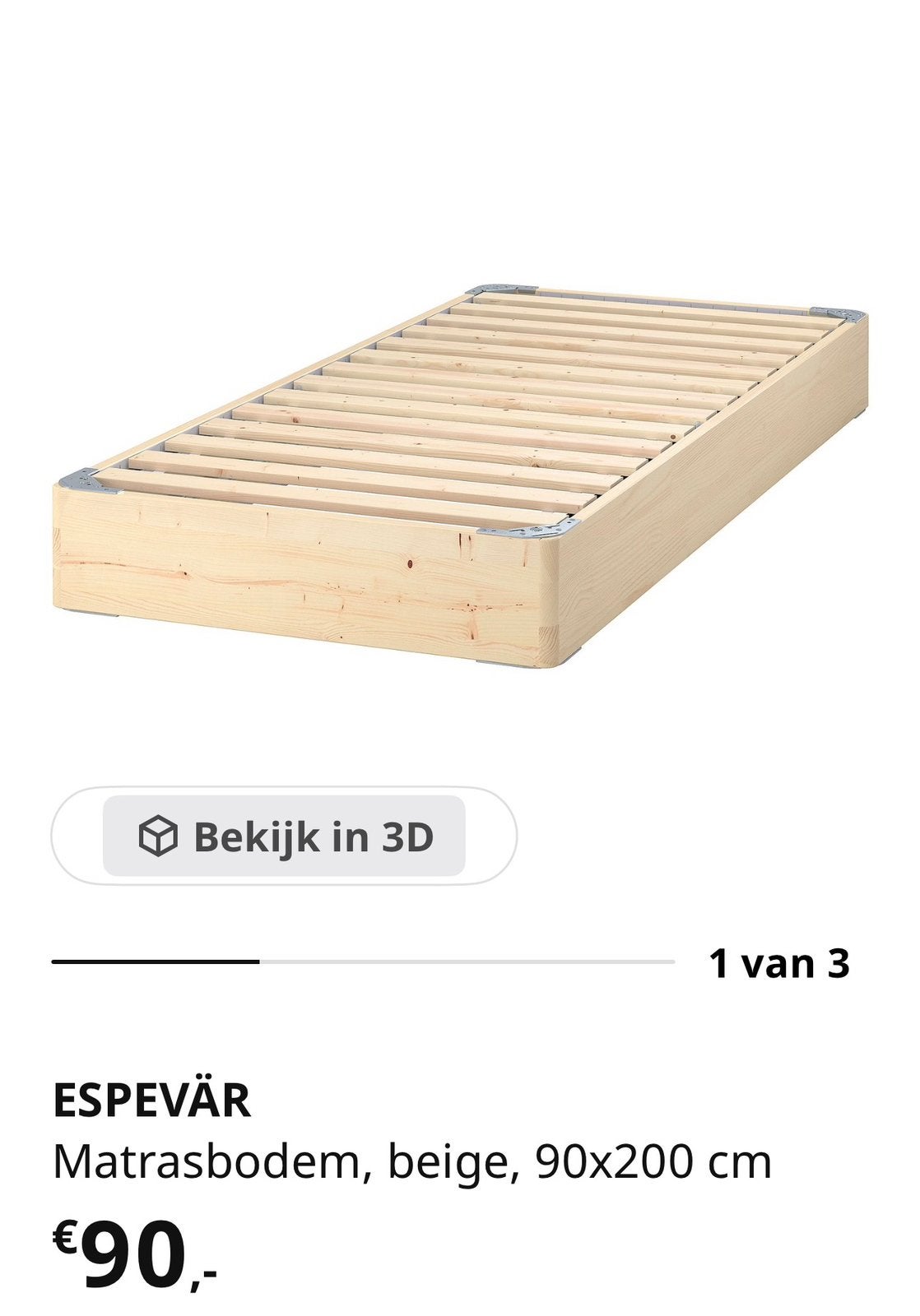 IKEA ESPEVÄR bed 90x200 cm, met BURFJORD poten van 10 cm., Ophalen, 90 cm, Eenpersoons, Zo goed als nieuw