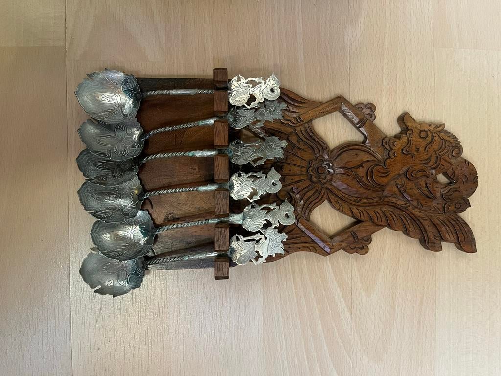 Set van 6 lepels met houten houder, Ophalen of Verzenden