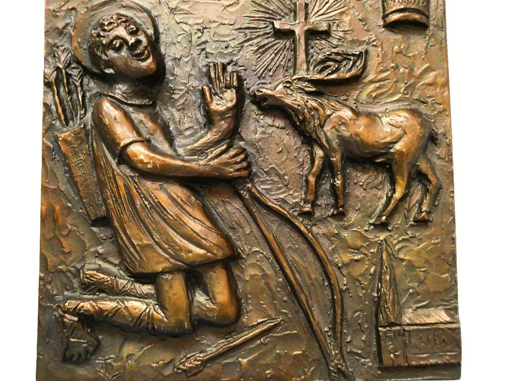 Grote bronzen plaquette van St. Hubertus met hert, Antiek en Kunst, Ophalen of Verzenden