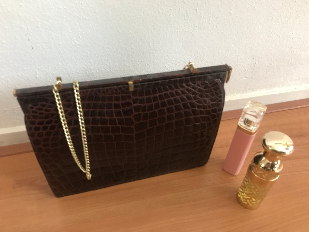 Handbag , Handtas Echt Krokodillenleer 1964 Cocktail Set, Ophalen of Verzenden, Gebruikt, Bruin, Handtas
