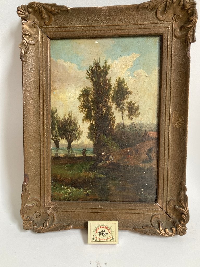 1904 olieverfschilderij landschap met bomen en boerderij, Paneel, Ophalen of Verzenden, Landschap, Olieverf