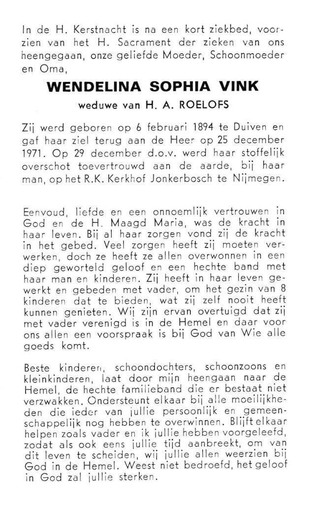 Vink Wendelina Sophia Duiven 1894-1971 Nijmegen, Ophalen of Verzenden