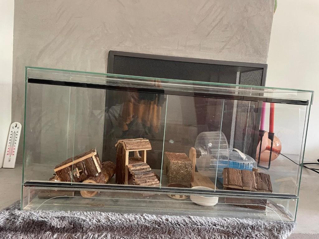 Hamsterkooi van glas, Dieren en Toebehoren, Kooi, Gebruikt, Muis, 75 tot 110 cm