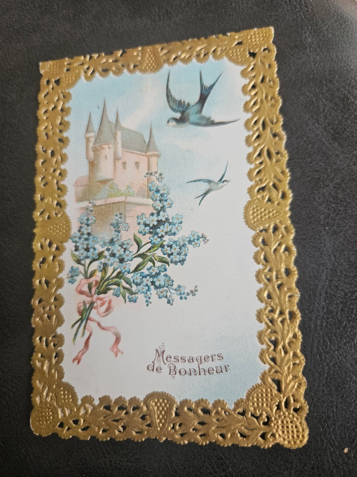 Brocante zwaluw gouden kanten rand Ansichtkaart, Ophalen of Verzenden