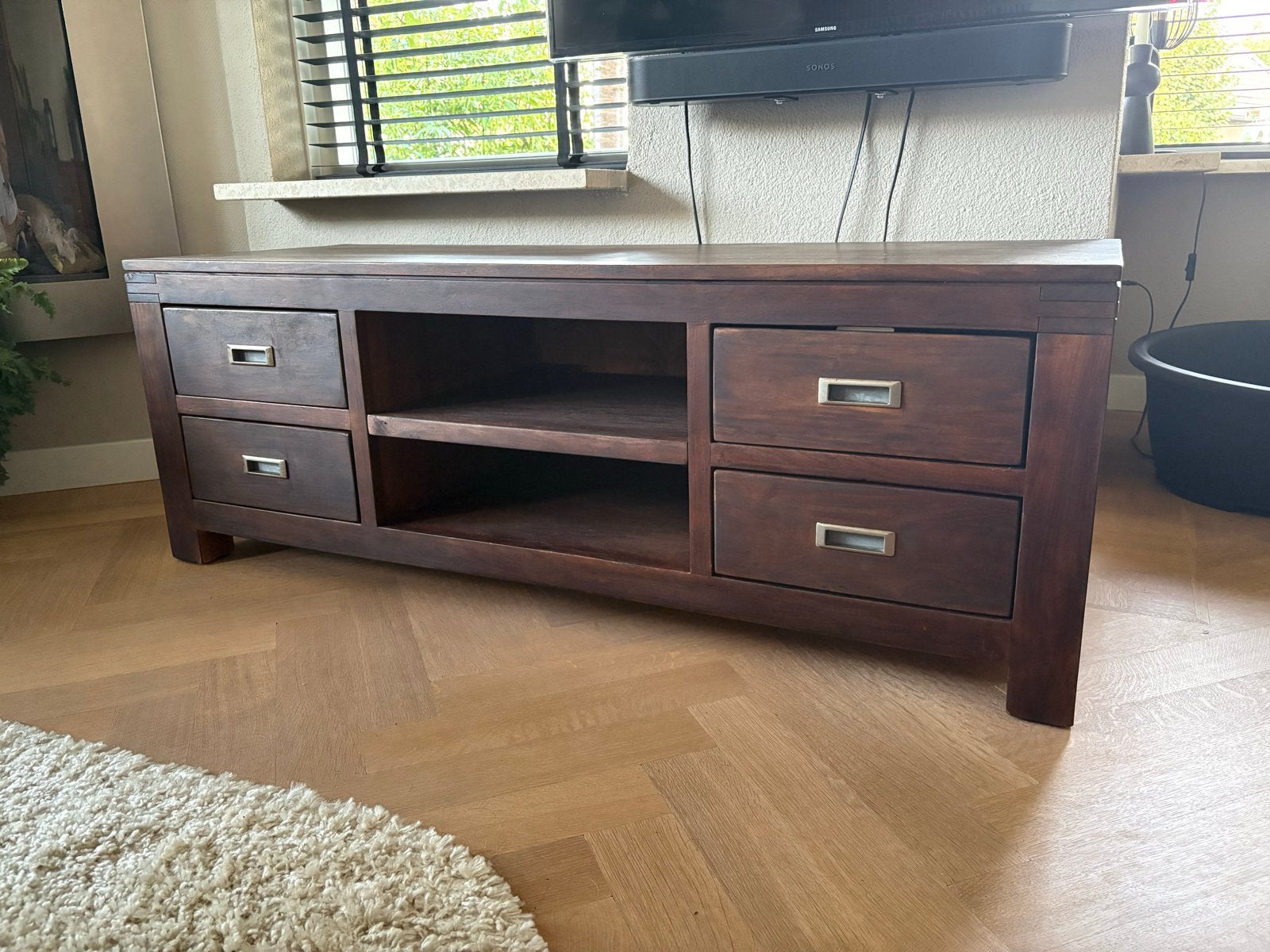 Teakhouten TV-meubel - Donkerbruin - nette staat, Gebruikt, 100 tot 150 cm, Teakhout, Ophalen of Verzenden