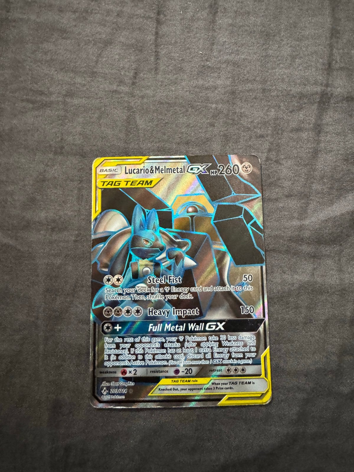 Lucario & Melmetal GX TAG TEAM Pokémon Kaart, Ophalen of Verzenden, Gebruikt, Losse kaart, Foil