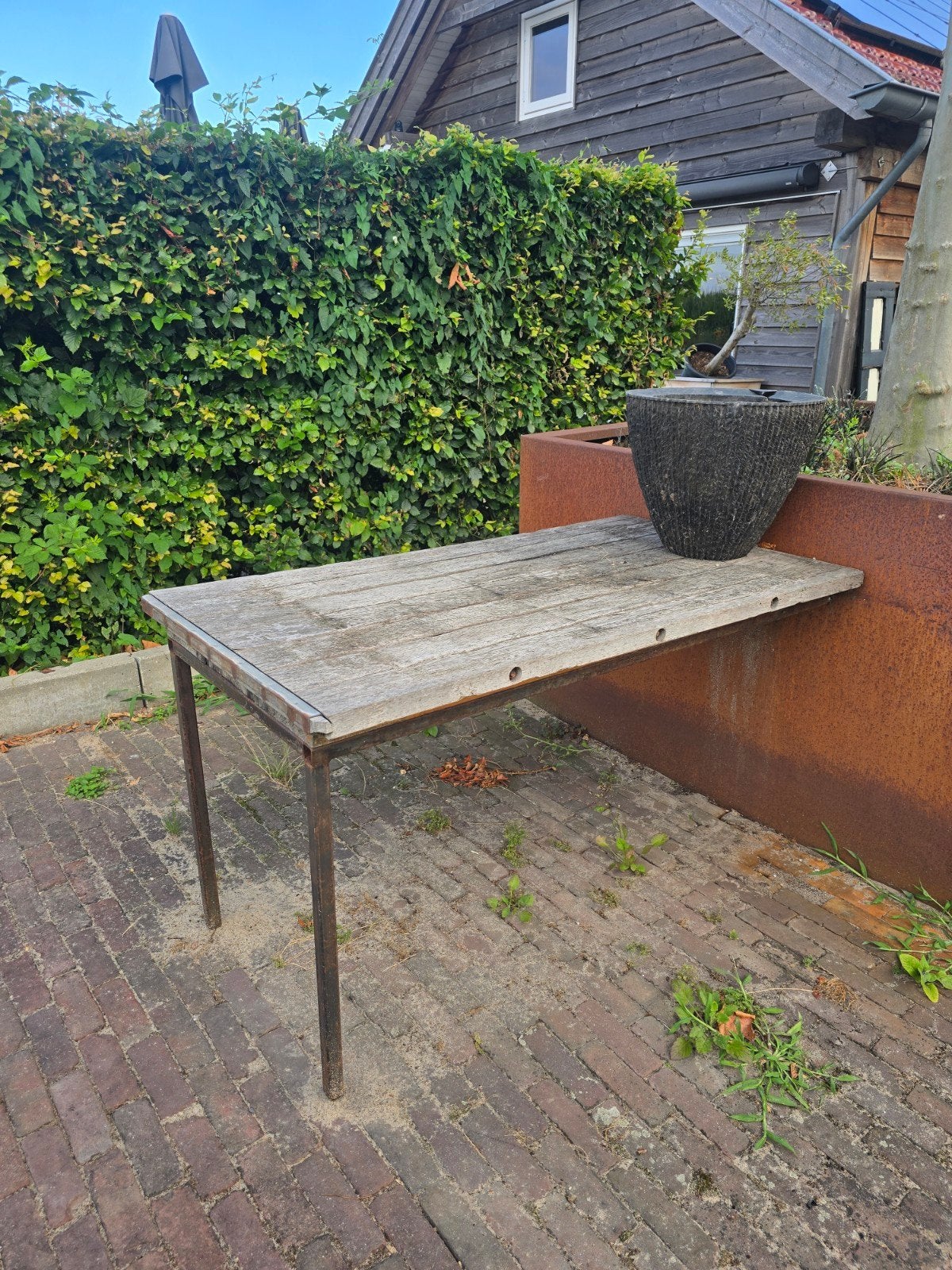 partij steenschot tafels met stalen frame, horeca., Ophalen, Rechthoekig, Metaal