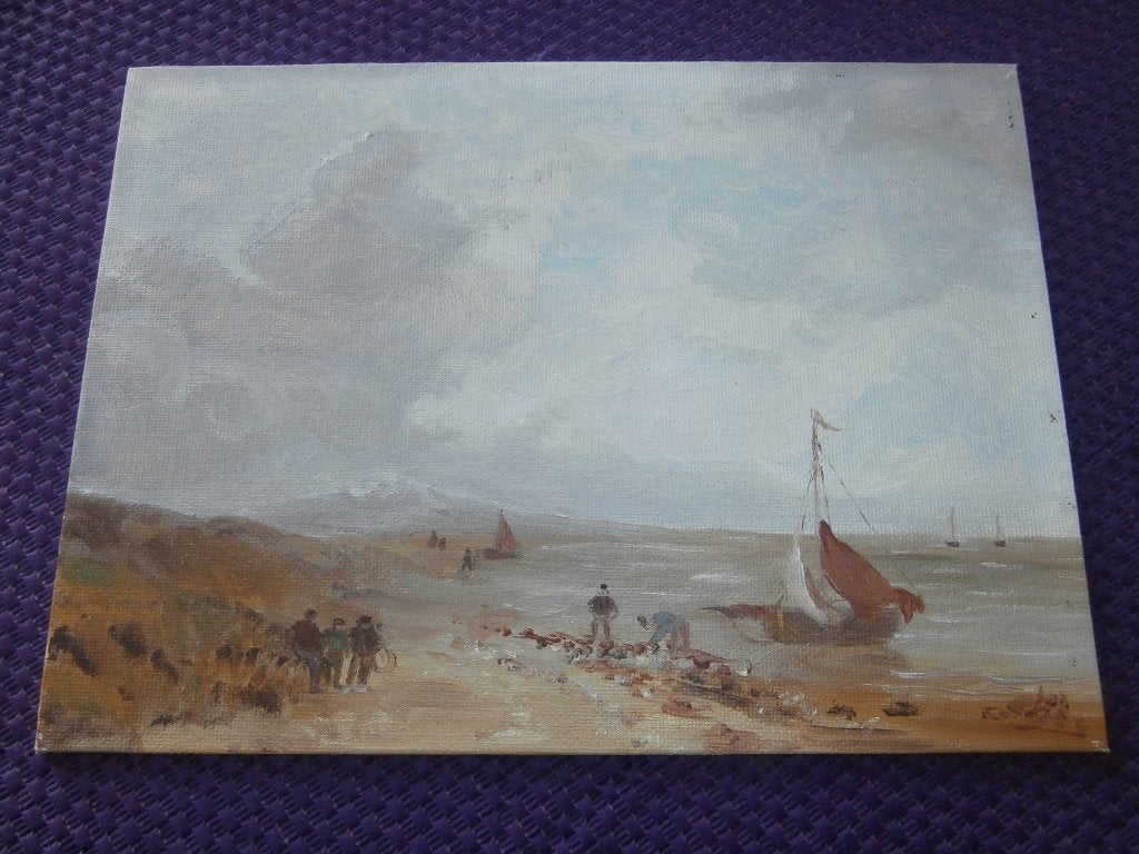 schilderij met schepen en zee en strand en kust zonder lijst, Ophalen of Verzenden, Klassiek, Landschap, Papier