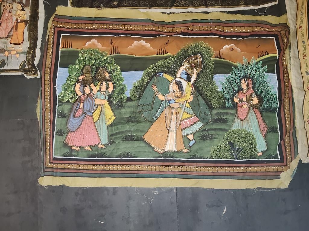 Vintage Indiase Krishna en Radha schildering op stof, Antiek en Kunst, Kunst | Niet-Westerse kunst, Ophalen of Verzenden