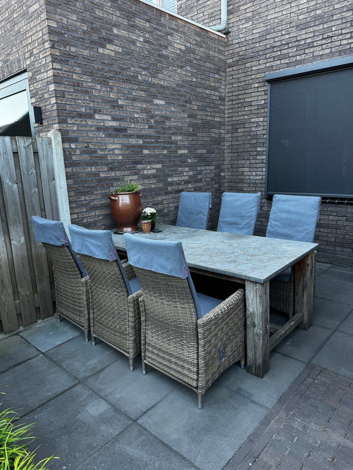 GRATIS: 6 persoons Douglass tuinset met natuurstenen blad, Ophalen, Gebruikt, Eettafel, 6 zitplaatsen