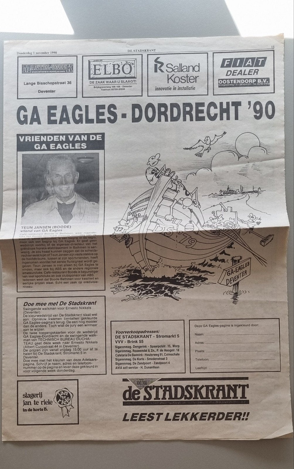 Krantenpagina GA Eagles - Dordrecht '90 (1990), Verzamelen, Ophalen of Verzenden, Zo goed als nieuw, Overige binnenlandse clubs