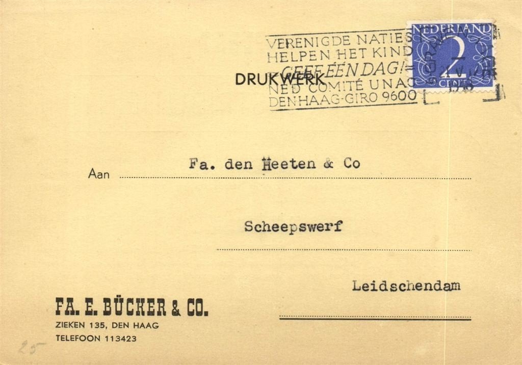 Fa. E. Bucker + Co., Den Haag - 05.1948 - drukwerk, Ophalen of Verzenden, Briefkaart
