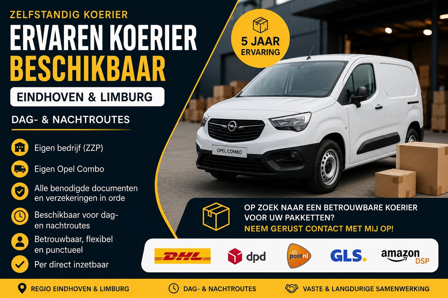 Ervaren Koerier met Eigen Bedrijf Beschikbaar, Vacatures, 33 - 40 uur, MBO, Vanaf 5 jaar, Tijdelijk contract