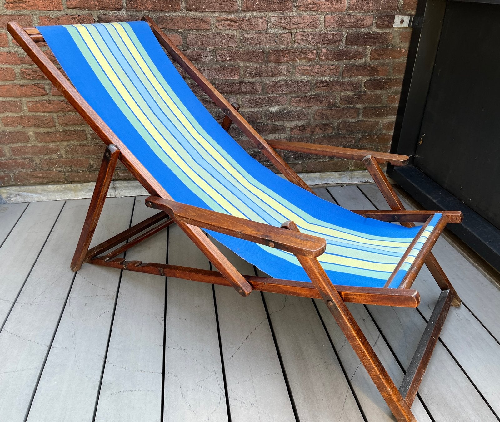 Vintage inklapbare houten strandstoel, met armleuning, Ophalen, Gebruikt, Hout, Inklapbaar
