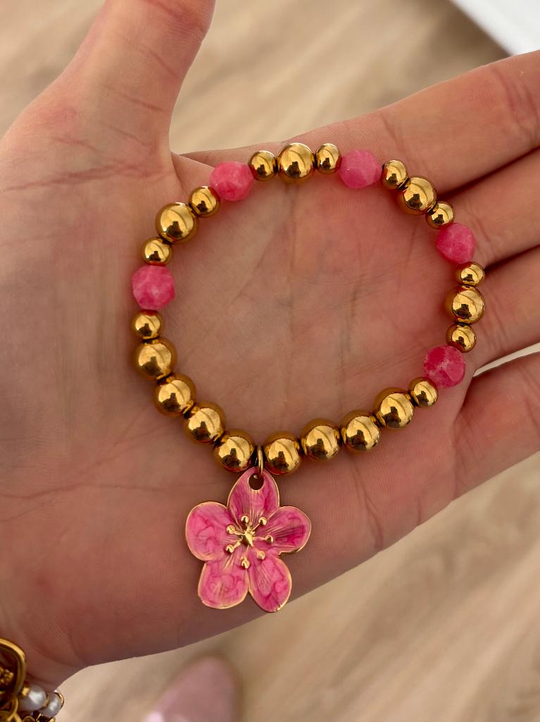 Pink Flower armband Stainless Steel, Staal, Nieuw, Ophalen of Verzenden, Roze