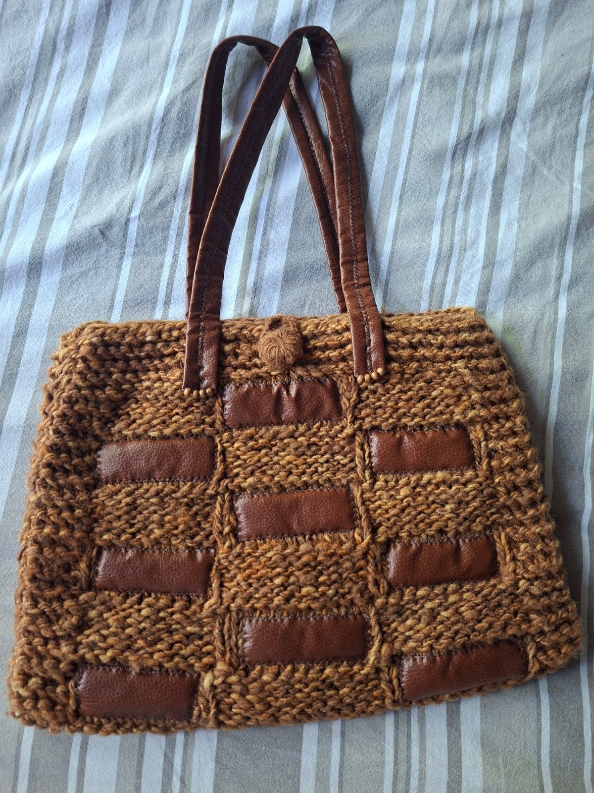 Vintage gebreide handtas met leren details, Ophalen of Verzenden, Gebruikt, Bruin, Handtas