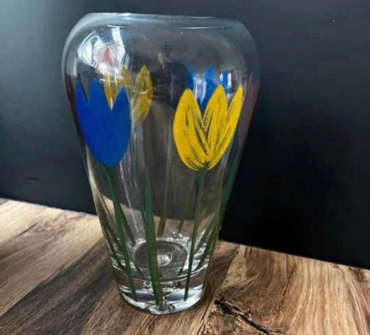 Mooie glazen vaas met tulpen, Ophalen of Verzenden, Zo goed als nieuw, Glas