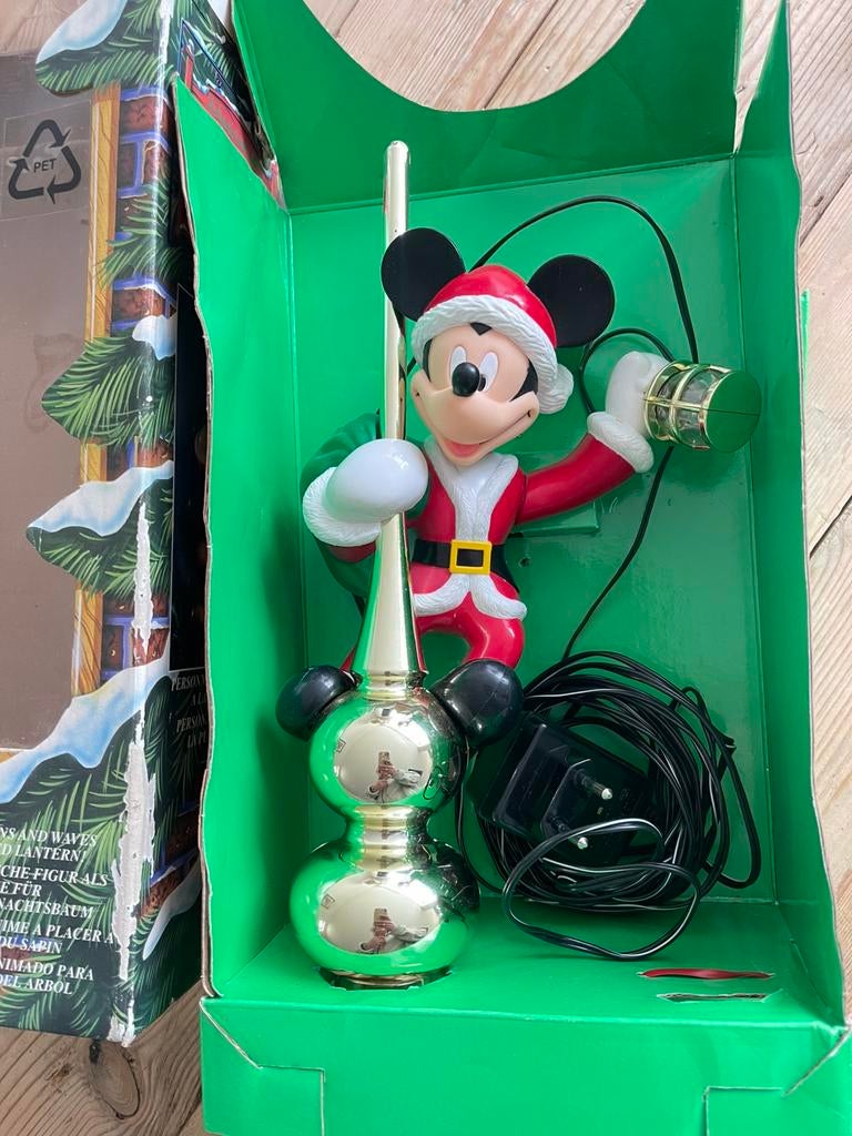 Piek mickey mouse met lantaarn beweegt in doos mr christmas, Verzamelen, Disney, Zo goed als nieuw, Beeldje of Figuurtje, Mickey Mouse